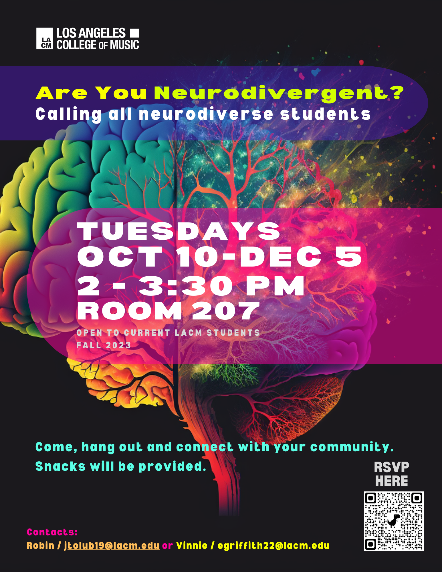 Neurodiversity Group Meeting Flyer for Tuesdays 2-3:30 PM in Room 207. It is open to LACM students who can RSVP on the student activity form.